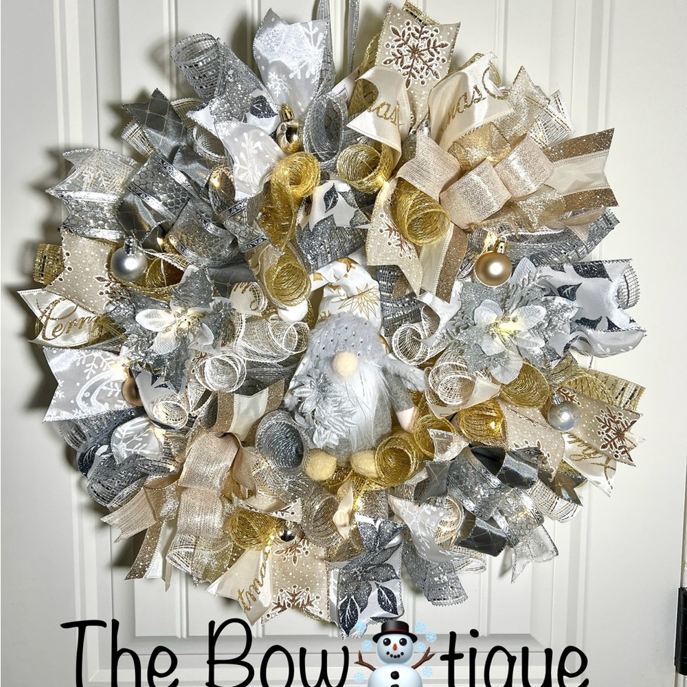 Handmade Christmas Gnome Holiday Ribbon Door Wreath 22 ins W60